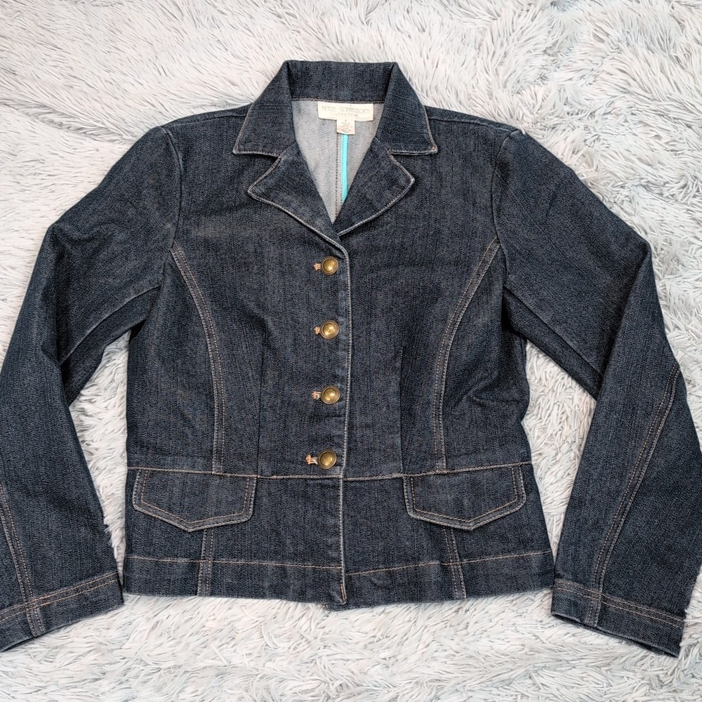 Petite Sophisticate Jacket Womens 4 Blue Jean Denim Faux Pockets Button Up Comfy